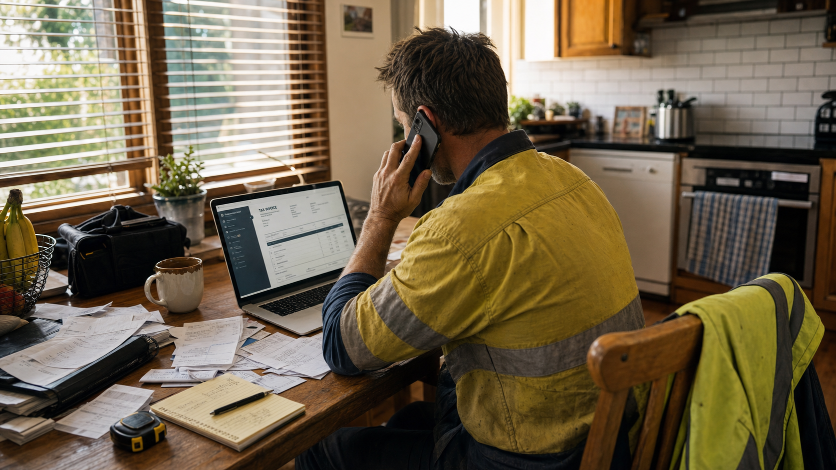 Tradie doing admin at the kitchen table
