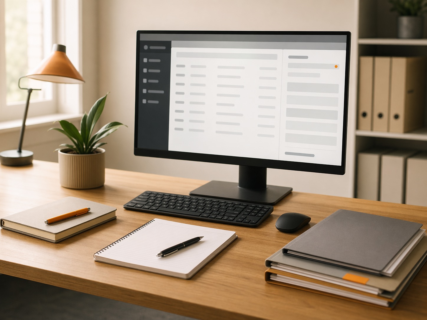 Organised office desk with admin work handled on screen